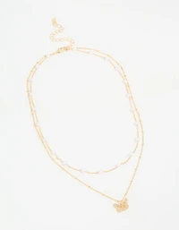 Gold Plated Pearl Butterfly Layered Necklace