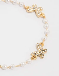 Gold Plated Pearl & Butterfly Charm Bracelet