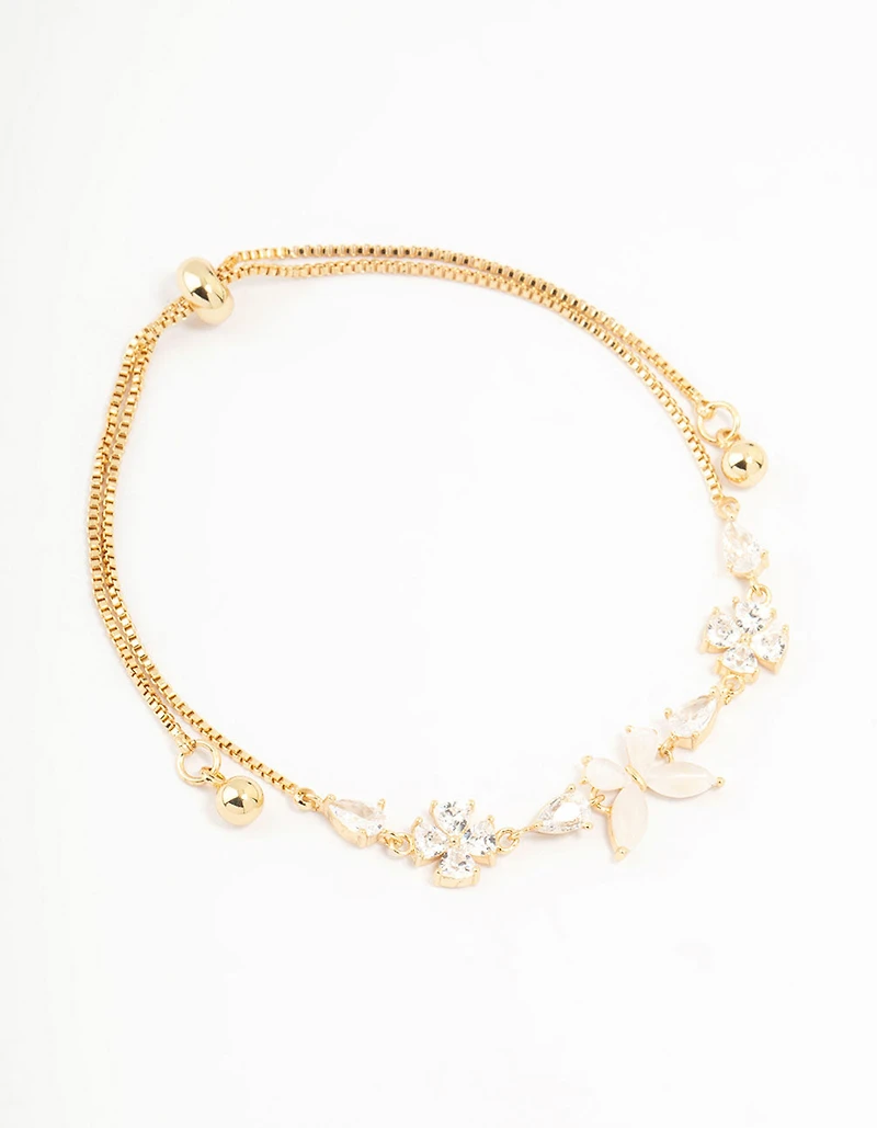 Gold Plated Cubic Zirconia Butterfly & Flower Toggle Bracelet