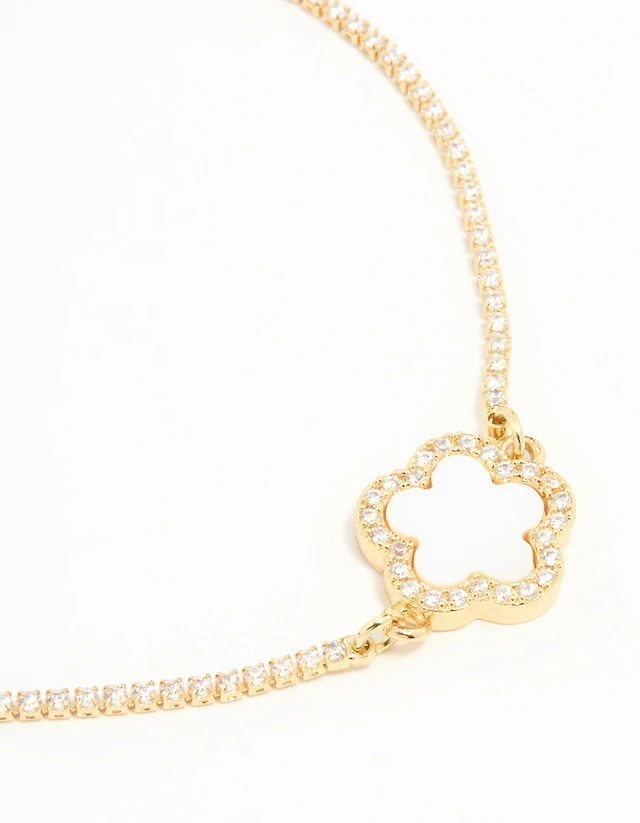 Gold Plated Cubic Zirconia Flower Toggle Bracelet