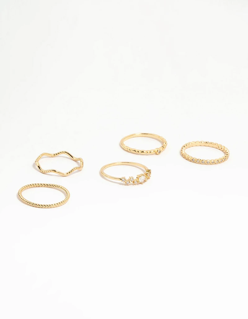 Gold Plated Squiggle & Rope Rings 5-Pack