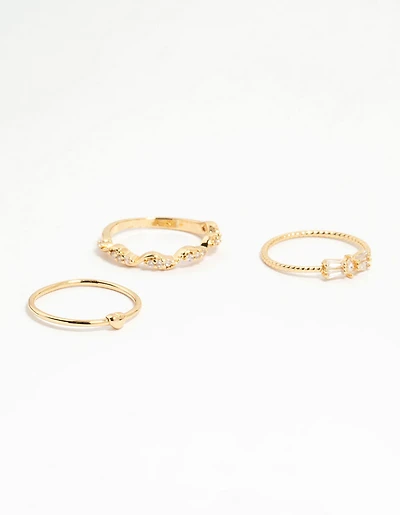 Gold Plated Bow & Mini Heart Stacking Rings 3-Pack