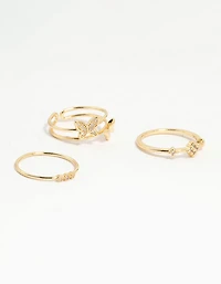 Gold Plated Cubic Zirconia Butterfly Rings 3-Pack