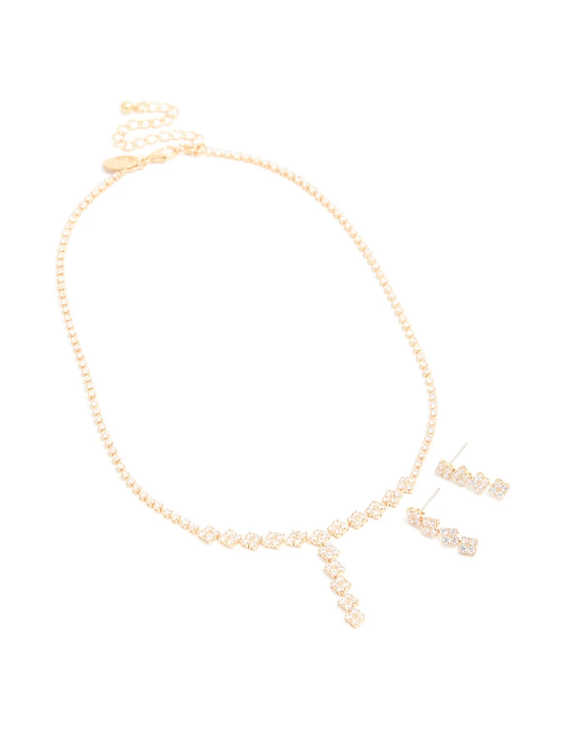 Ensemble collier et boucles d’oreilles tombantes en zircone cubique plaqués or