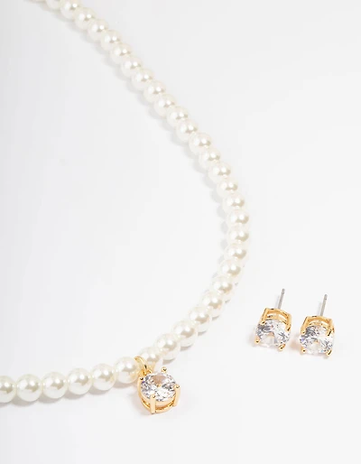 Gold Plated Pearl & Cubic Zirconia Necklace & Earring Set
