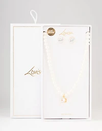 Gold Plated Pearl & Cubic Zirconia Necklace & Earring Set