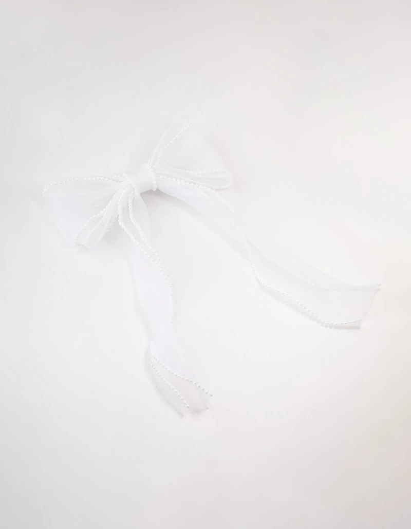 White Organza Fabric & Pearl Bow Hair Clip