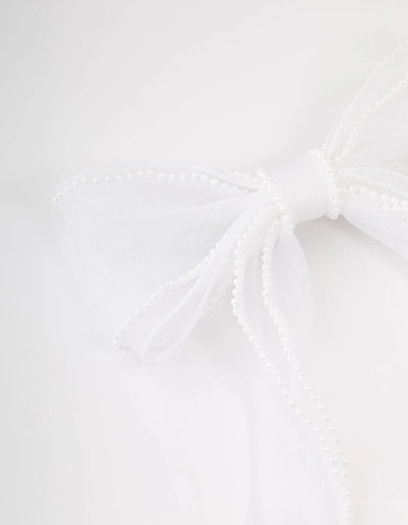 White Organza Fabric & Pearl Bow Hair Clip