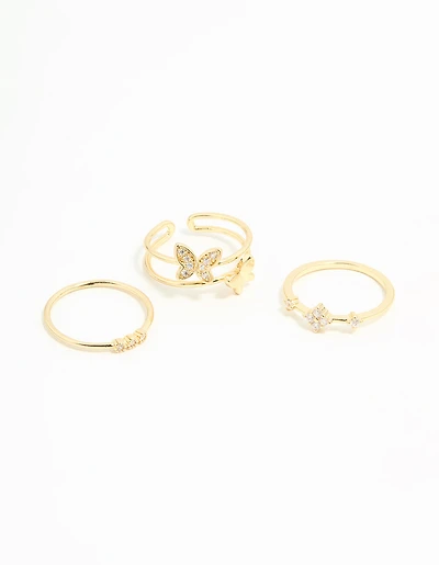 Gold Plated Cubic Zirconia Butterfly Rings 3-Pack