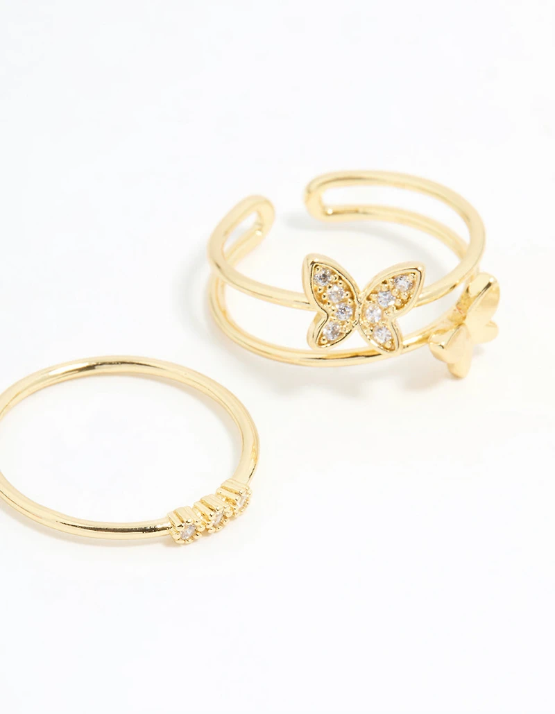 Gold Plated Cubic Zirconia Butterfly Rings 3-Pack