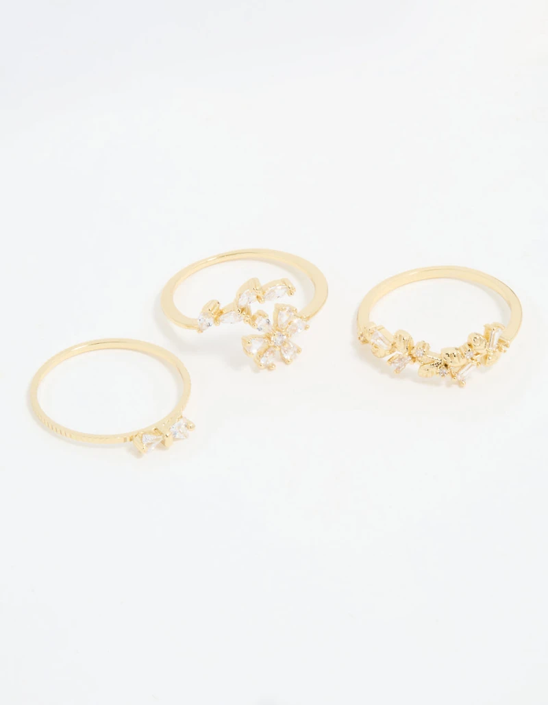 Gold Plated Pearl Flower & Bow Rings 3-Pack