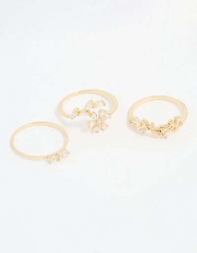 Gold Plated Pearl Flower & Bow Rings 3-Pack