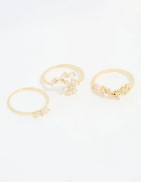 Gold Plated Pearl Flower & Bow Rings 3-Pack