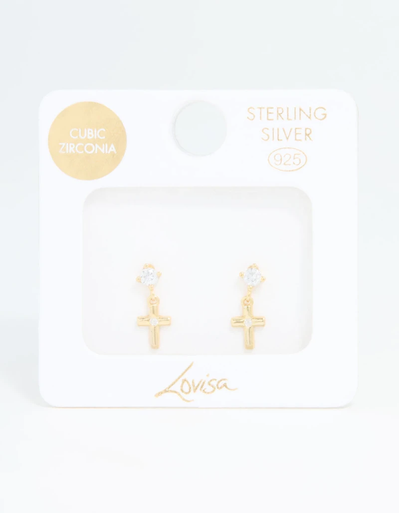 Gold Plated Sterling Silver Cubic Zirconia Cross Drop Earrings