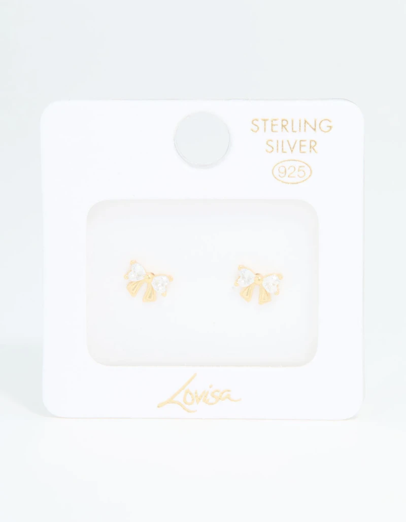 Gold Plated Sterling Silver Cubic Zirconia Bow Stud Earrings