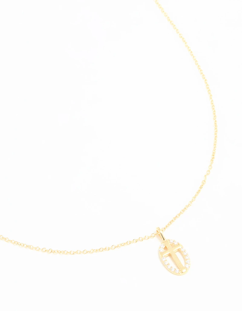 Gold Plated Sterling Silver Cubic Zirconia Oval Cross Necklace