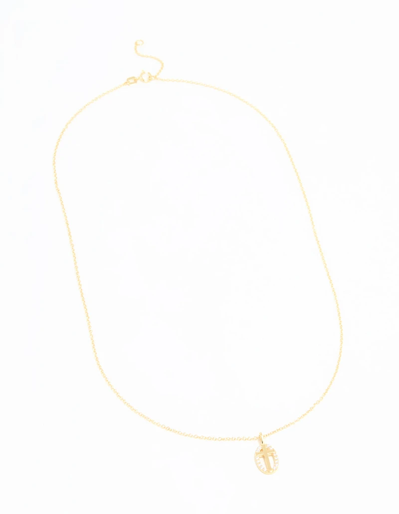 Gold Plated Sterling Silver Cubic Zirconia Oval Cross Necklace