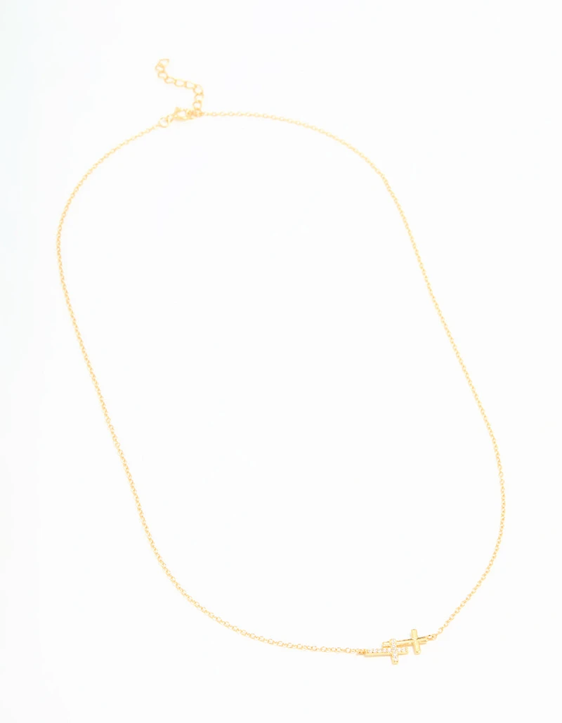 Gold Plated Sterling Silver Cubic Zirconia Double Cross Necklace