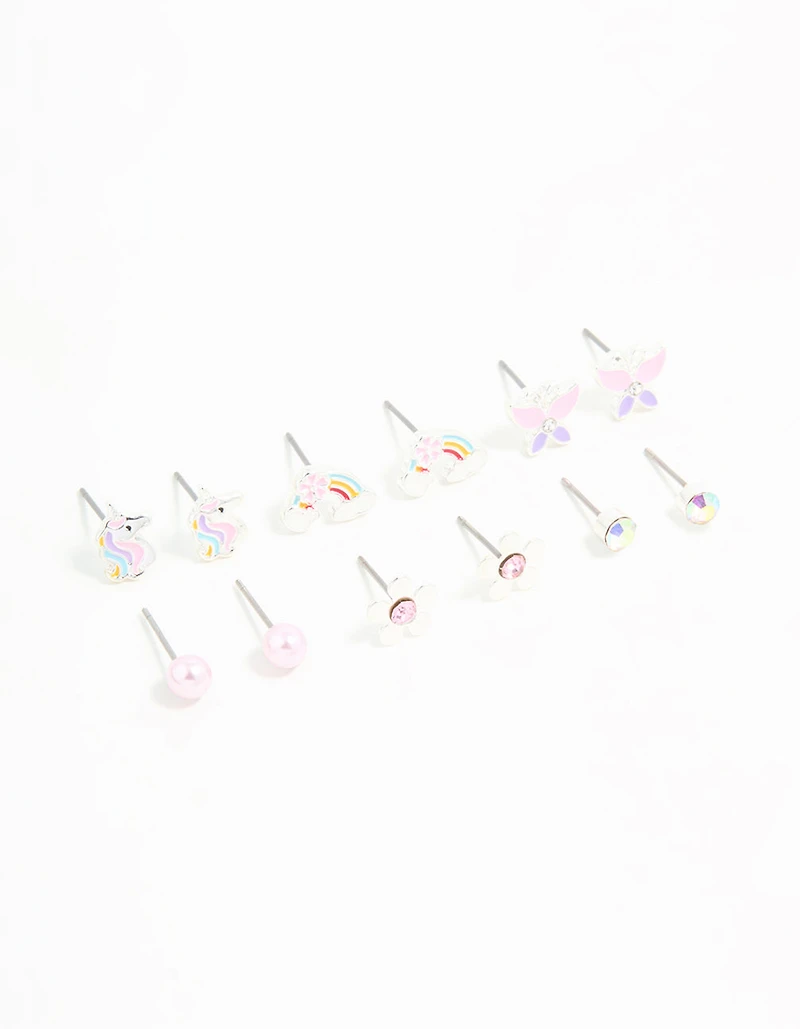 Kids Silver Unicorn & Butterfly Stud Earrings 6-Pack