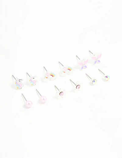 Kids Silver Unicorn & Butterfly Stud Earrings 6-Pack