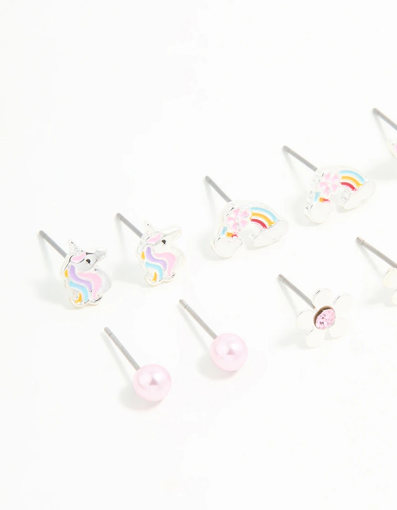Kids Silver Unicorn & Butterfly Stud Earrings 6-Pack