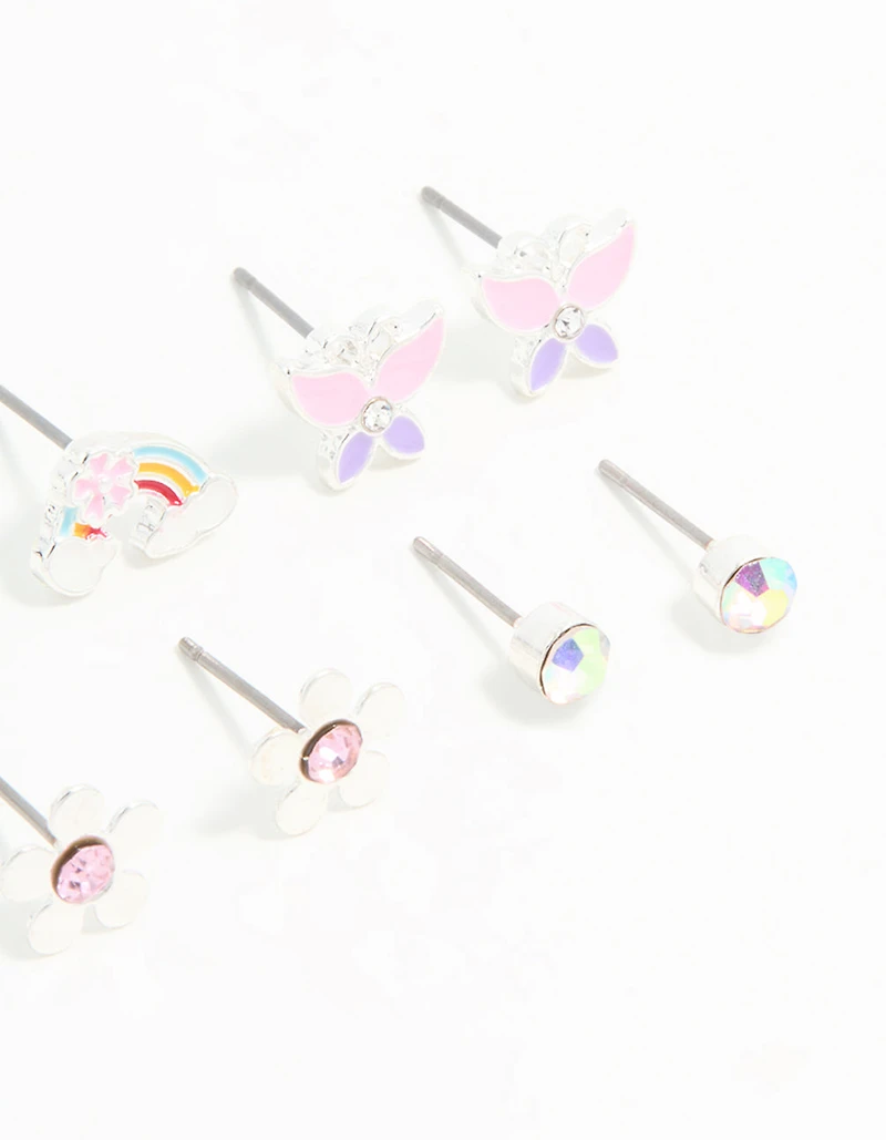 Kids Silver Unicorn & Butterfly Stud Earrings 6-Pack