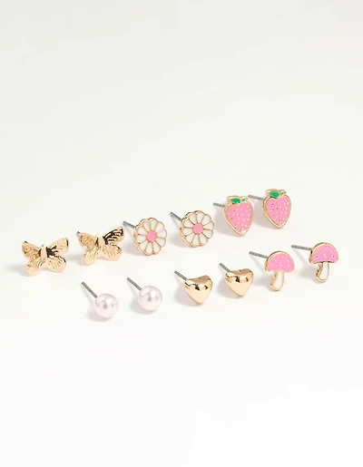 Kids Gold Mushroom & Strawberry Stud Earrings 6-Pack