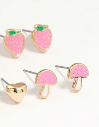 Kids Gold Mushroom & Strawberry Stud Earrings 6-Pack