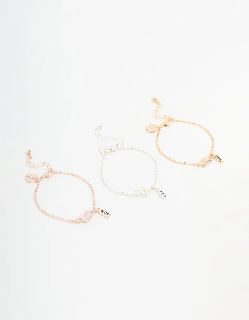 Kids Mixed Metal Flower & Butterfly Best Friends Bracelets 3-Pack