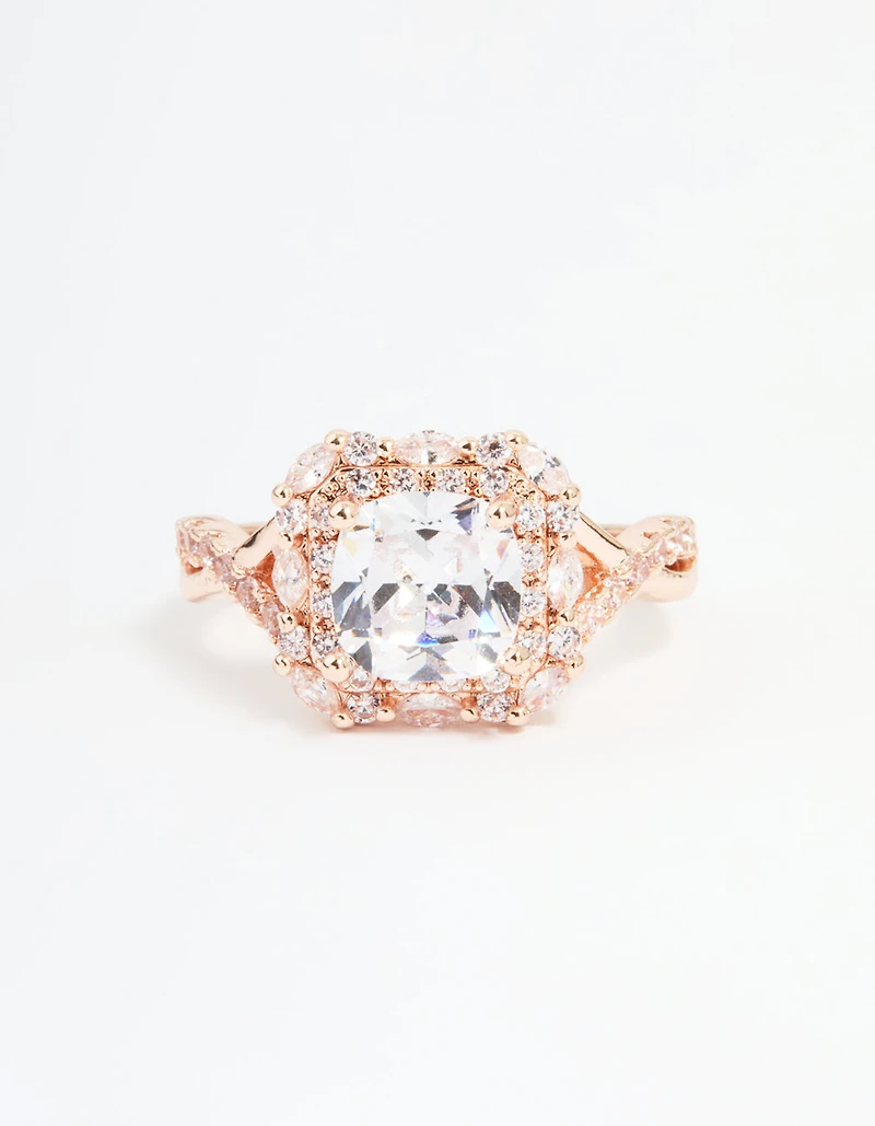Bague Halo Princesse en zircone cubique or rose