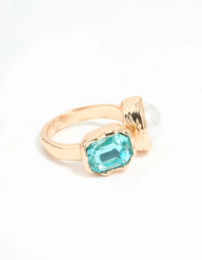 Gold Pearl & Blue Gem Statement Ring