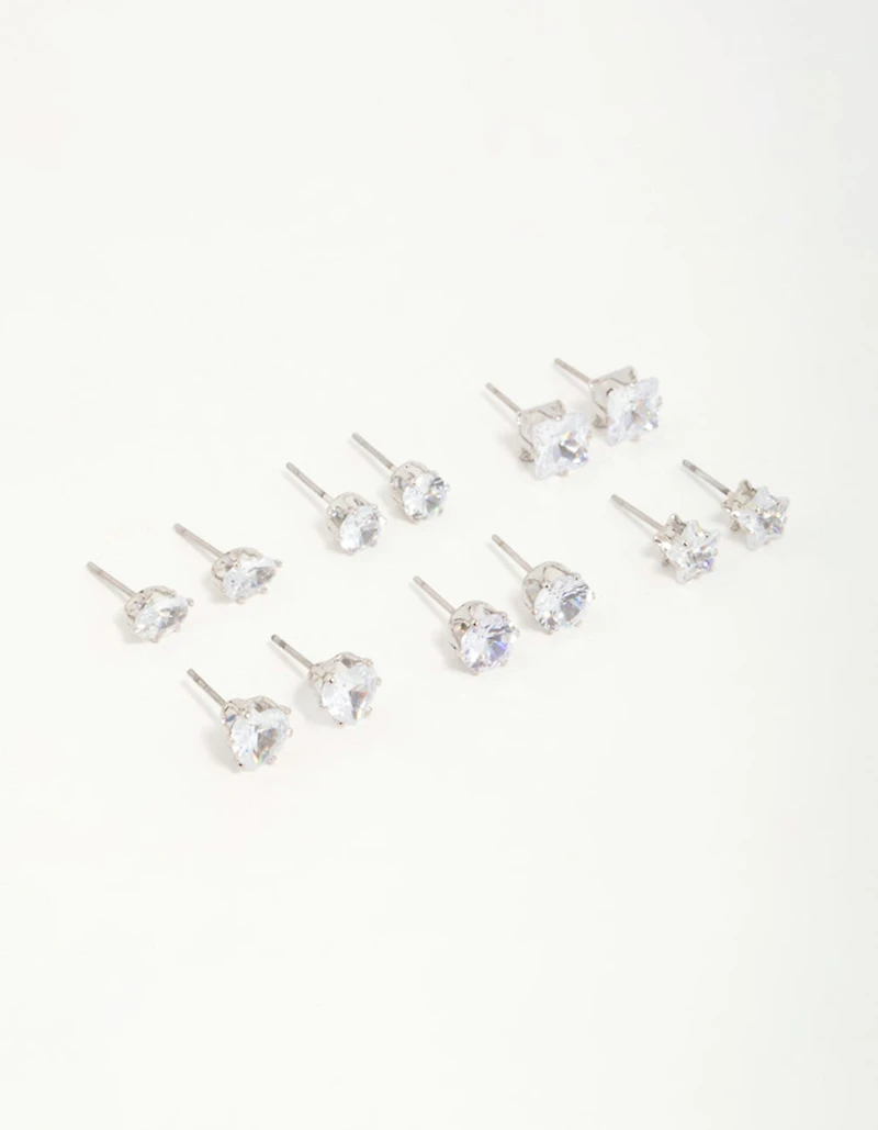 Silver Diamante Geometric Stud Earrings 6-Pack