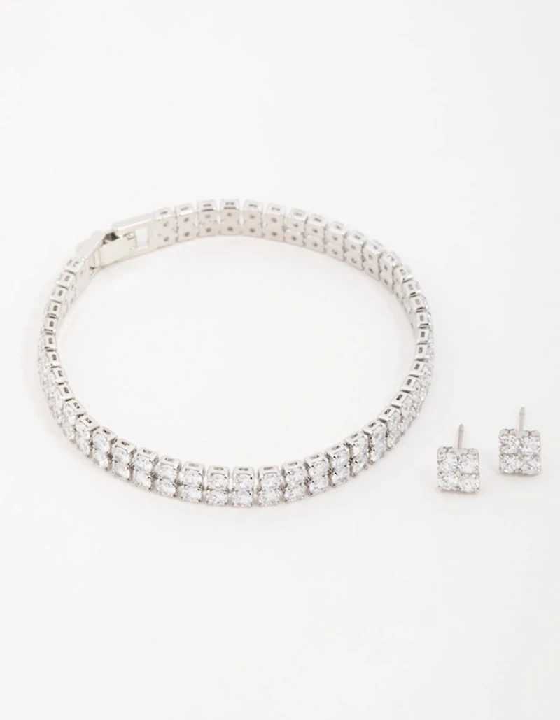 Silver Cubic Zirconia Flower Earrings &  Tennis Bracelet Set