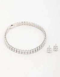 Silver Cubic Zirconia Flower Earrings &  Tennis Bracelet Set