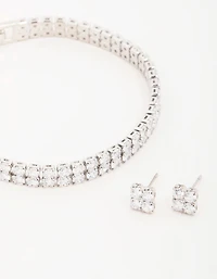 Silver Cubic Zirconia Flower Earrings &  Tennis Bracelet Set
