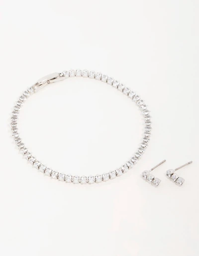 Silver Diamante Marquise Earrings & Tennis Bracelet Set