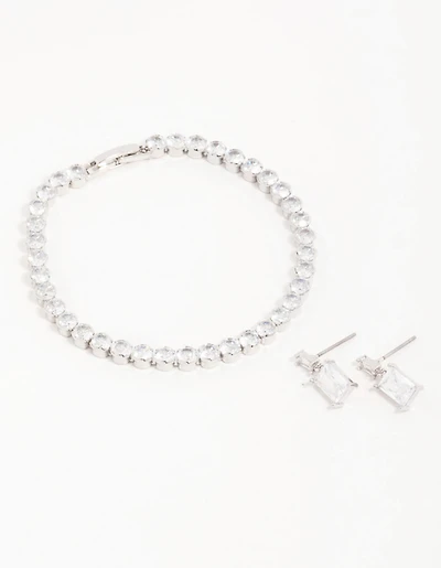 Silver Diamante Rectangle Drop Earrings & Tennis Bracelet Set