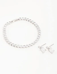 Silver Diamante Rectangle Drop Earrings & Tennis Bracelet Set