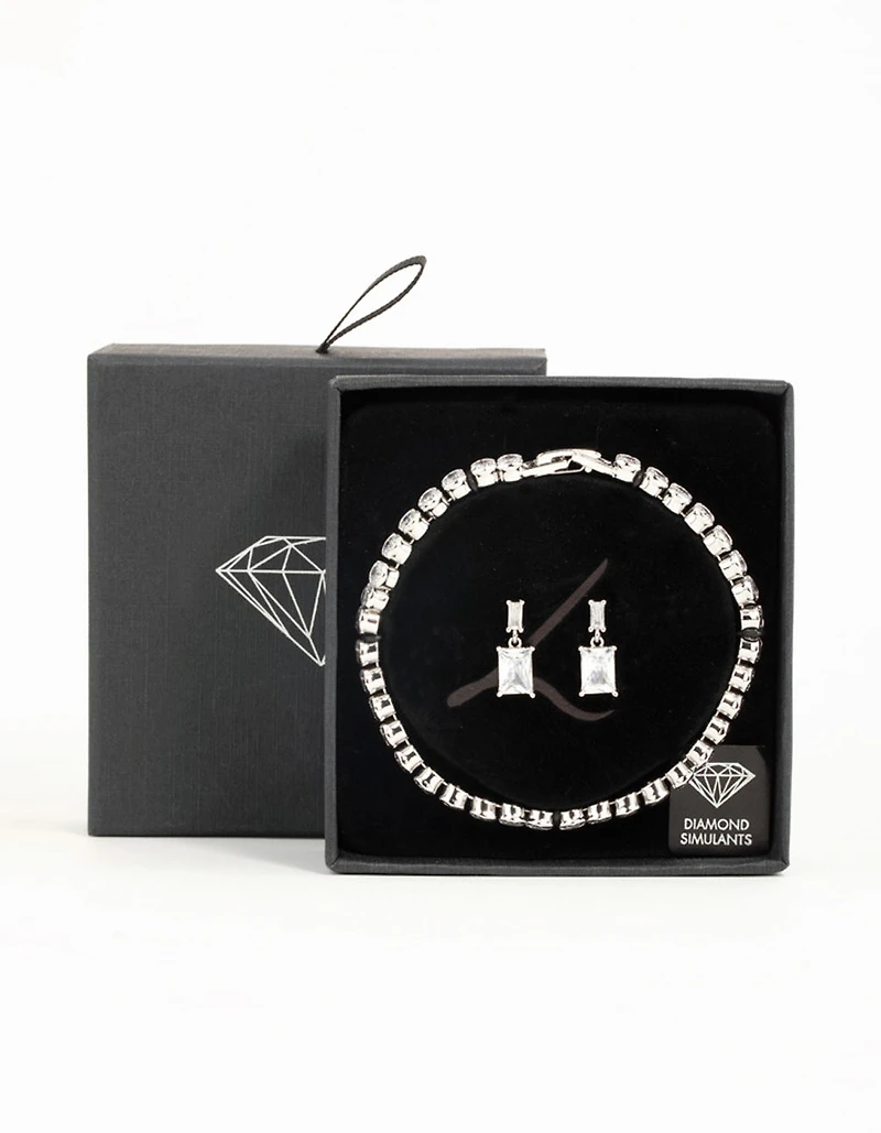 Silver Diamante Rectangle Drop Earrings & Tennis Bracelet Set