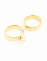 Waterproof Gold Plated Stainless Steel Cubic Zirconia & Sleek Band Rings 2-Pack