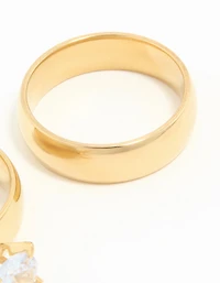 Waterproof Gold Plated Stainless Steel Cubic Zirconia & Sleek Band Rings 2-Pack