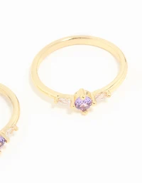 Gold Plated Purple Cubic Zirconia Dainty Trio Stacking Rings 2-Pack