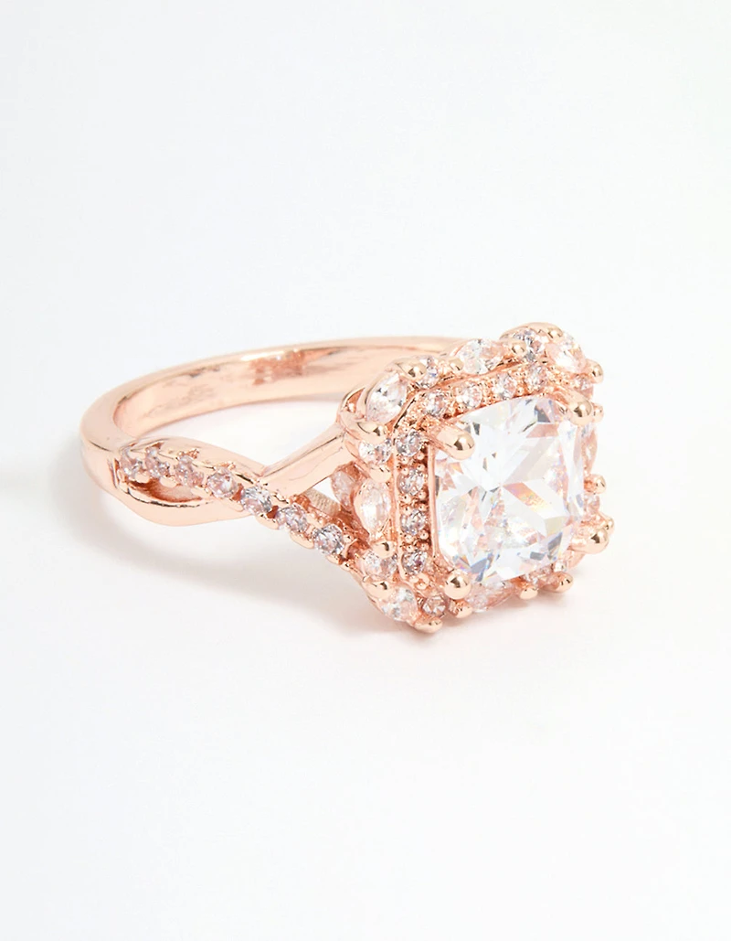 Rose Gold Cubic Zirconia Princess Halo Ring
