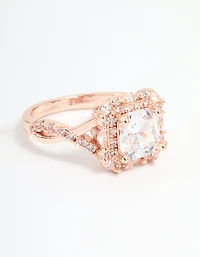 Rose Gold Cubic Zirconia Princess Halo Ring