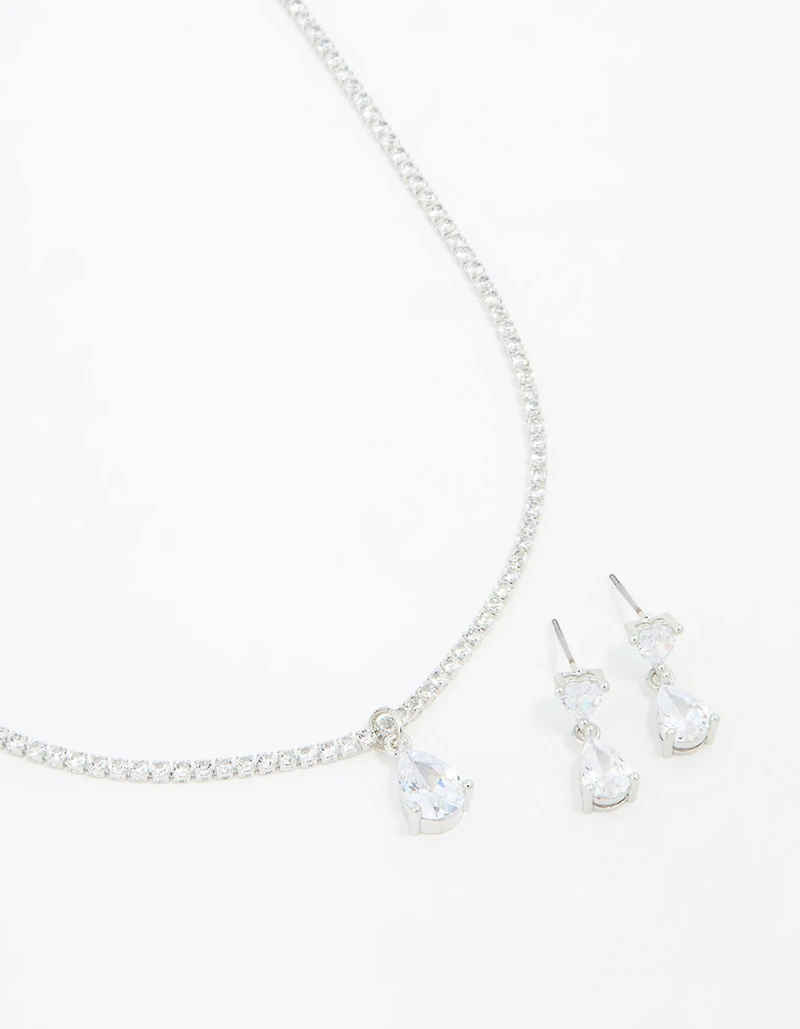 Silver Cubic Zirconia Drop Pear Necklace & Earrings Set