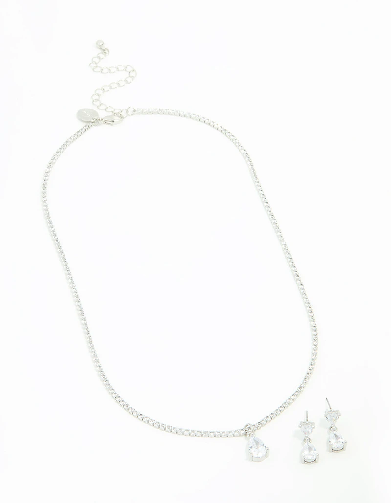 Silver Cubic Zirconia Drop Pear Necklace & Earrings Set