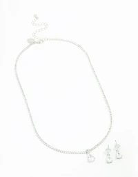 Silver Cubic Zirconia Drop Pear Necklace & Earrings Set