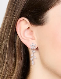 Silver Cubic Zirconia Flower Trail Drop Earrings