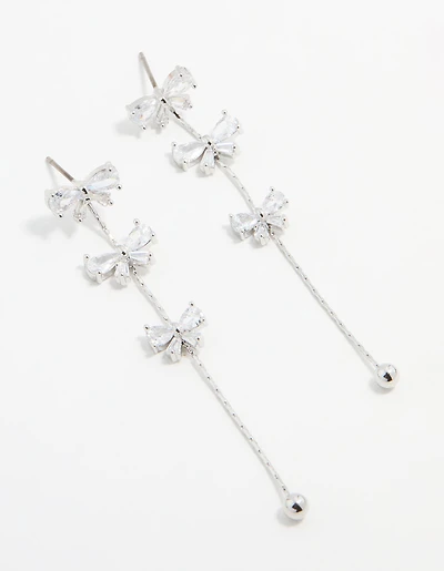 Silver Cubic Zirconia Mini Bow Drop Earrings