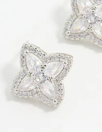 Silver Cubic Zirconia Marquise Flower Stud Earrings